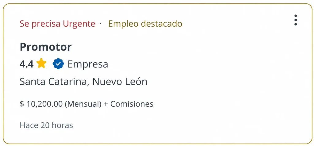 Ejemplo de una vacante destacada y urgente en Computrabajo